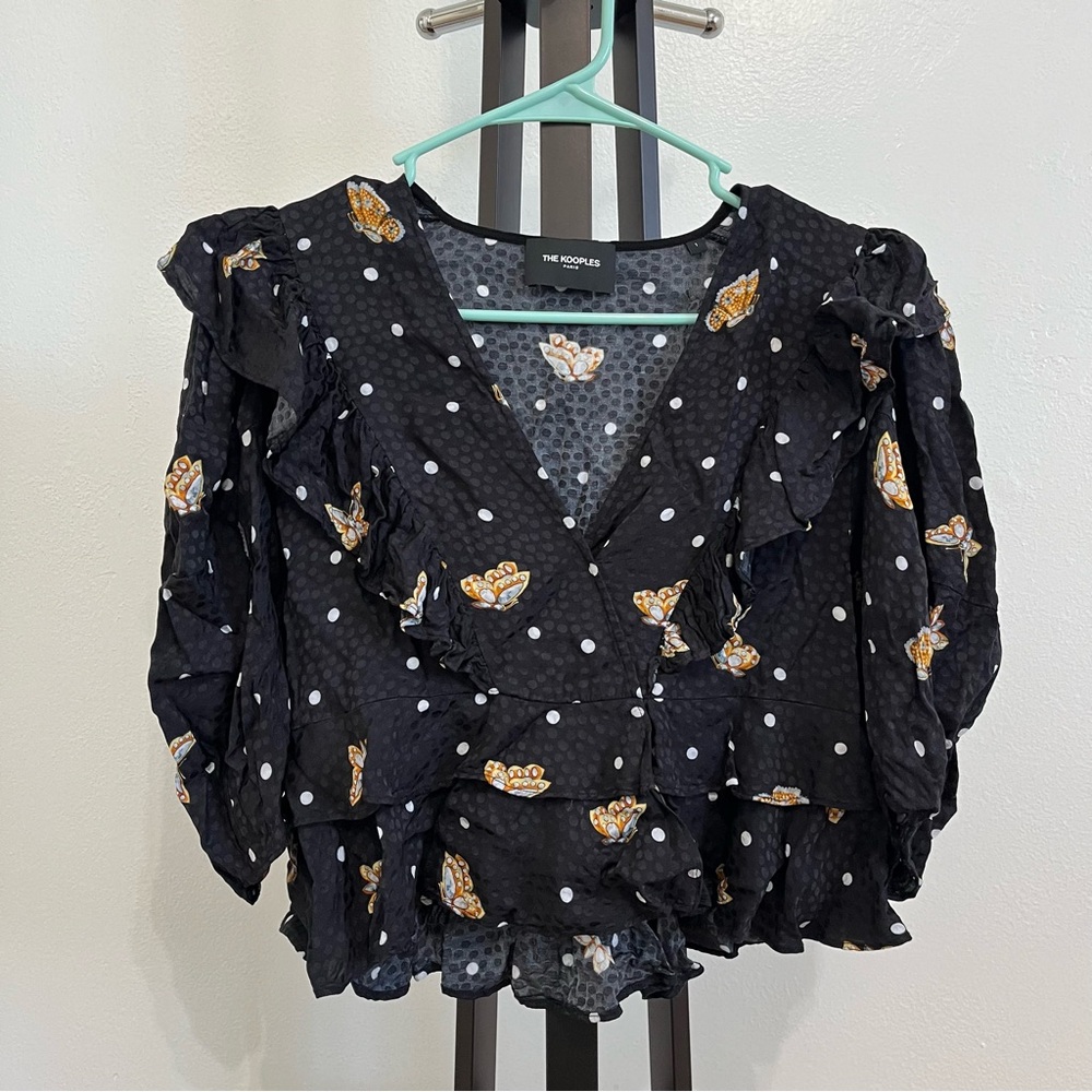 The Kooples Black Floral Polka Dot Butterfly Blouse